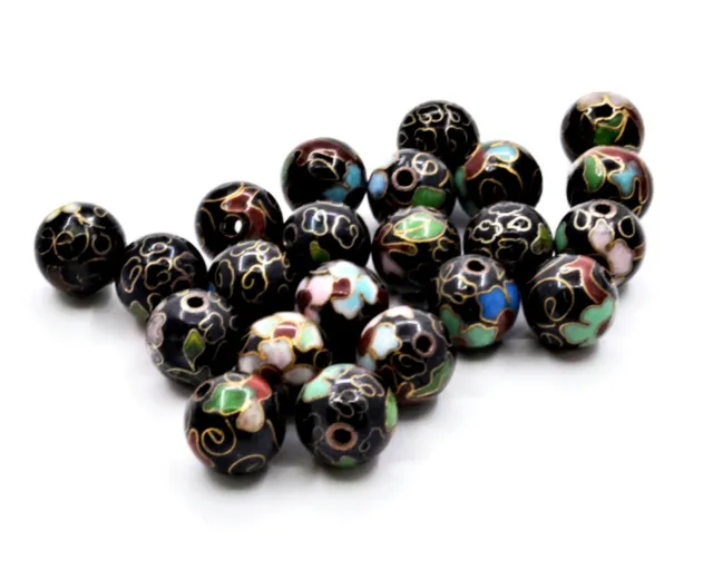 6pc 10 mm Vintage Cloisonne Enamel Beads. Handmade with Black Enamel in Floral