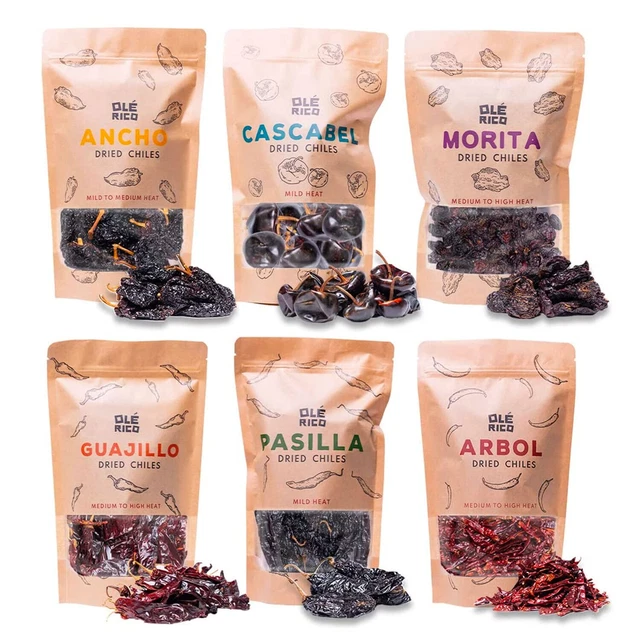Dried Peppers 6 Pack Bundle - Ancho, Arbol, Guajillo, Pasilla, Chipotle, Cascabe