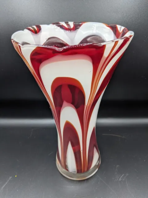 Vintage Art Glass Vase  Pulled Feather Red White Candy Stripe  10” Hand Blown
