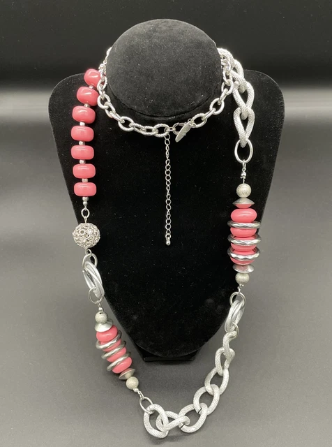 Pink Lucite Beads Silver Tone Rhinestones Necklace Signed NY 41” Long