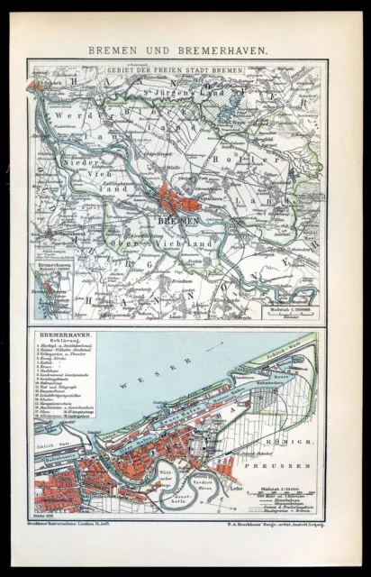 BREMEN UND BREMERHAVEN...Plan, Karte...Original Lithographie...1898