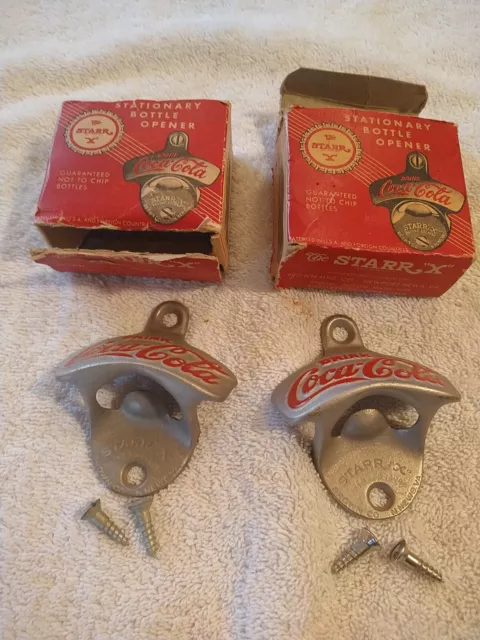 (2) Vintage Coca Cola Starr X Cast Wall Mount Bottle Opener Pat. 1925 Usa Nos