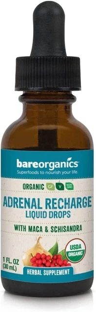 Gotas líquidas de recarga suprarrenal BareOrganics, suplemento herbal, 1 onza