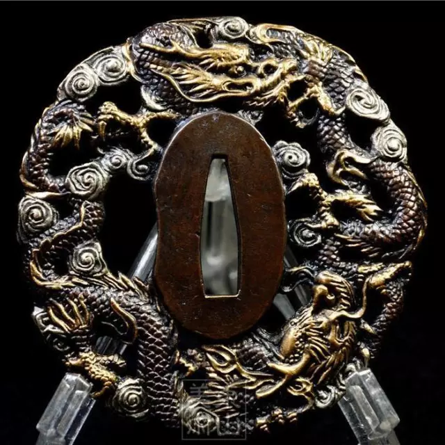 Chinese Bronze Work, Gold And Silver Plated, Dragon God Pattern Tsuba, Signature