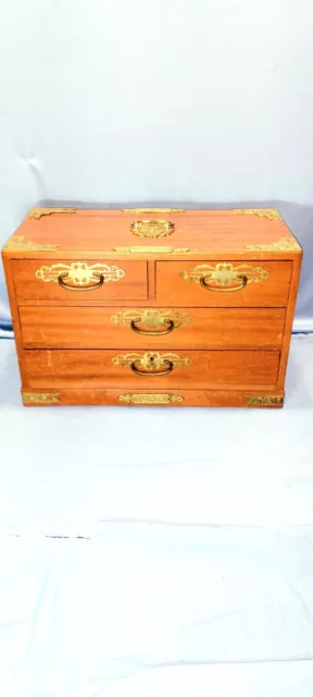 Vintage Asian Wood 15x9x7 Brass Flower 4 Drawer Jewelry Trinket Box Chinese