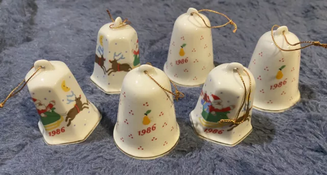 6 Vintage 1986 Lillian Vernon Christmas Holiday Bells Ornaments Porcelain Lot