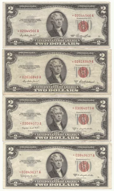 STAR 1953 $2 Two Dollar Bill Red Seal United States 4 Notes 1 Each Series VG/F