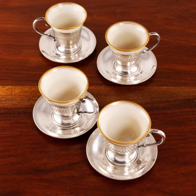 4 G H French Sterling Silver 4Pc Demitasse Set  Pierced Cups Lenox Porcelain