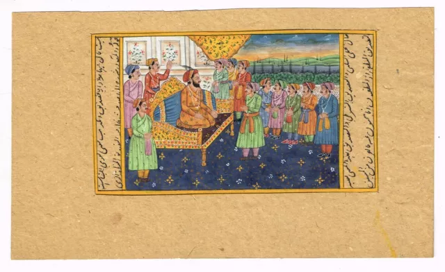 Mano Miniatura Dipinto Di King Shahjahan Tribunale Scena Vintage Art 20.3x12.1cm