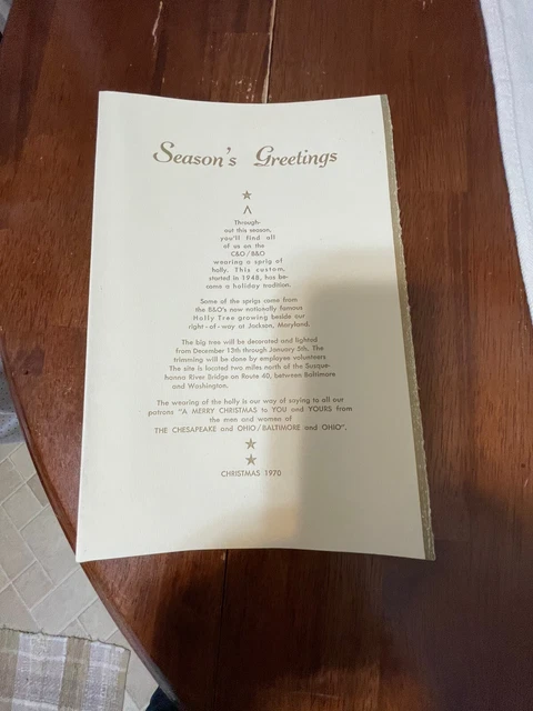 Rare Baltimore & Ohio RR B&O C&O Dining Car Menu season's greetings  1970 Chessi