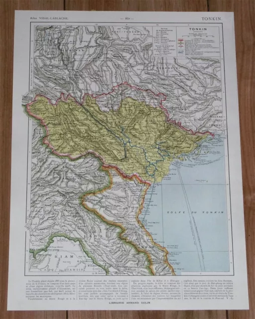 1925 Vintage Map Of Of French Protectorate Of Tonkin / Vietnam