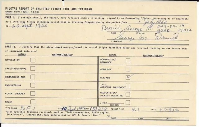 Pilot Report of Enlisted Flight OPNAV 1326-1 1960 George Daniel SaF-1 AEW/ASW