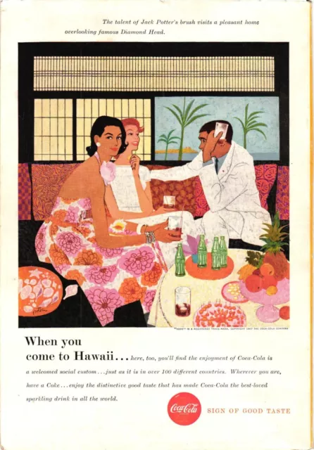 1957 Coca Cola Print Ad HAWAII Artist Jack Potter Visits Diamond Head Home