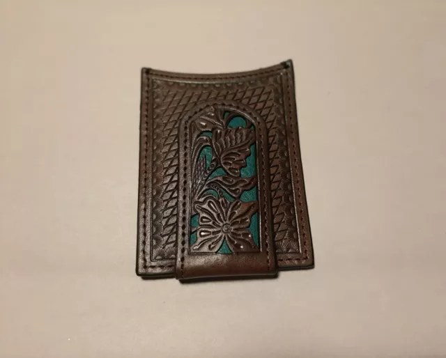 Nocona Western Mens Leather Wallet - Money Clip Floral Overlay Green Brown