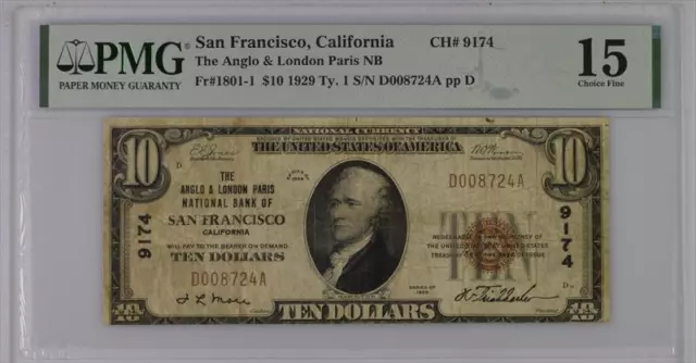 San Francisco 1929 Ty.  1 Fr 1801-1 Anglo & London Paris NB Ch # 9174 PMG F15