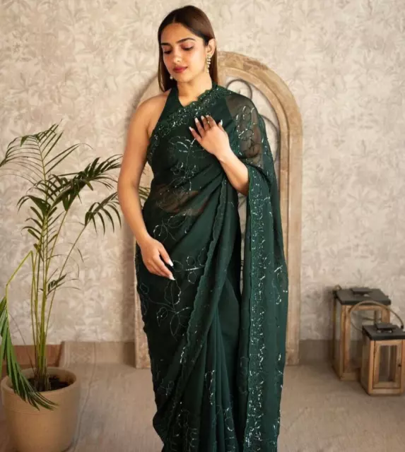 New georgette silk sequins saree indian bollywood party wear sequence Green sari
