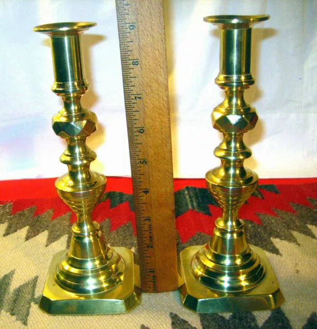 Mid 1800'S 9" Tall Pr Cast Brass Beehive Candle Sticks W/ Working Push Ups