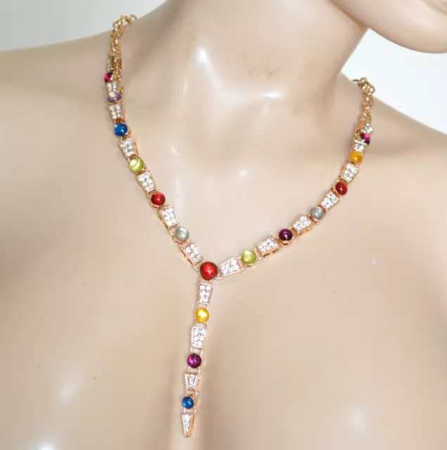 Long collier ras du cou femme or cristaux bleu rouge vert strass élégante UN42
