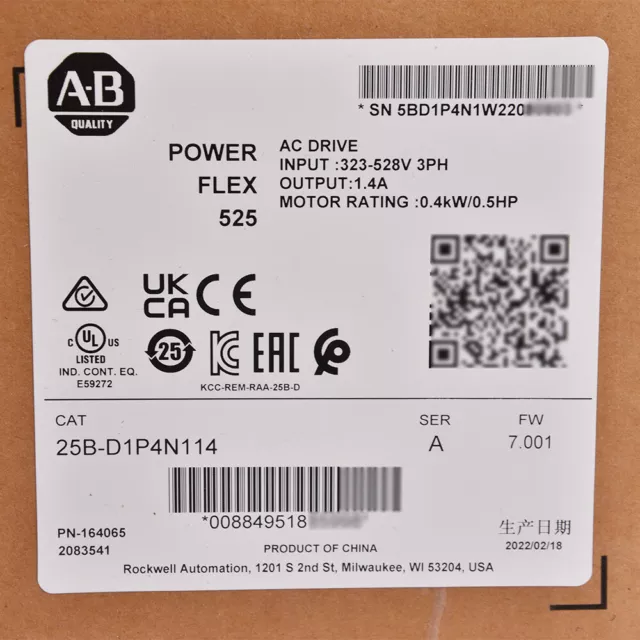 2022 Sealed AB 25B-D1P4N114 Allen-Bradley PowerFlex 525 0.4kW 0.5Hp AC Drive