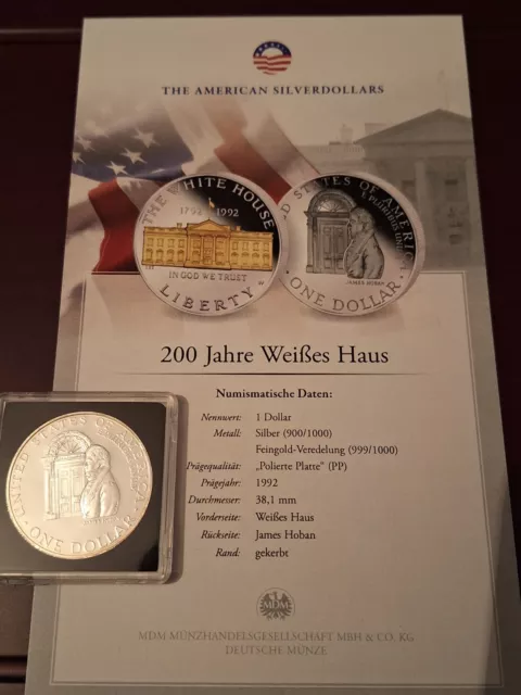 USA, 1992, 1 Dollar, Silber, Goldapplikation, PP, 200 Jahre Weißes Haus, 2