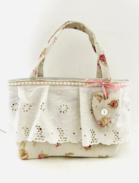 Ancien Petit Sac à Main Pochette Longchamp - Tissu Et Dentelle Blanc