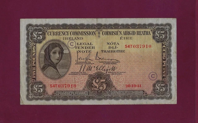 Ireland Republic  5 Pounds 1941 P-3C VF WAR CODE LETTER "C"