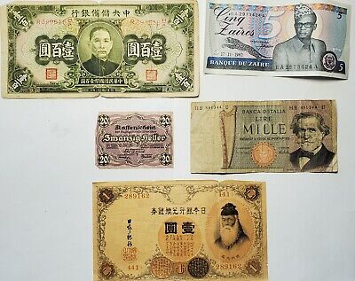 Mixed Lot Of Foreign Notes Germany, Japan, China, Italy, Republic of Zaire