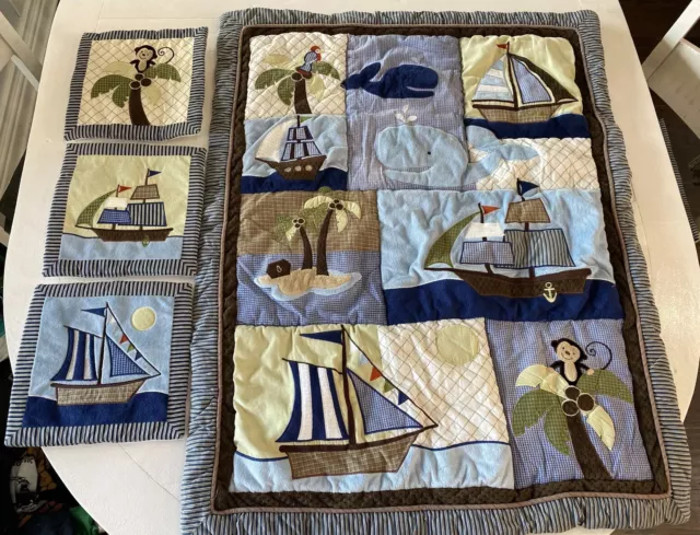 Vintage NoJo Baby Infant Bedding Ocean Pirate Boat Theme - Blanket With Pads