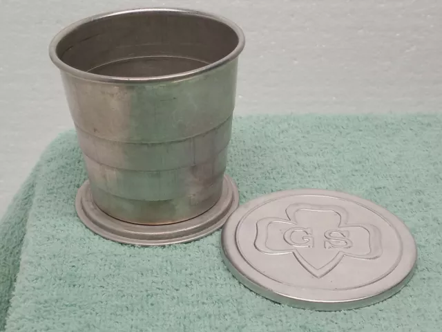 Vintage GIRL SCOUT TIN CUP COLLAPSIBLE ALUMINUM CAMPING DRINKING GLASS CUP LID 3