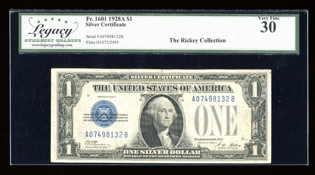 DBR 1928-A $1 Silver Funnyback Fr. 1601 AB Block Legacy 30 Serial A07498132B