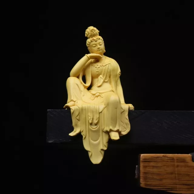 100% Chinese Boxwood Wood Hand Carved Guanyin Kwan-Yin Buddha Statue Table Deco