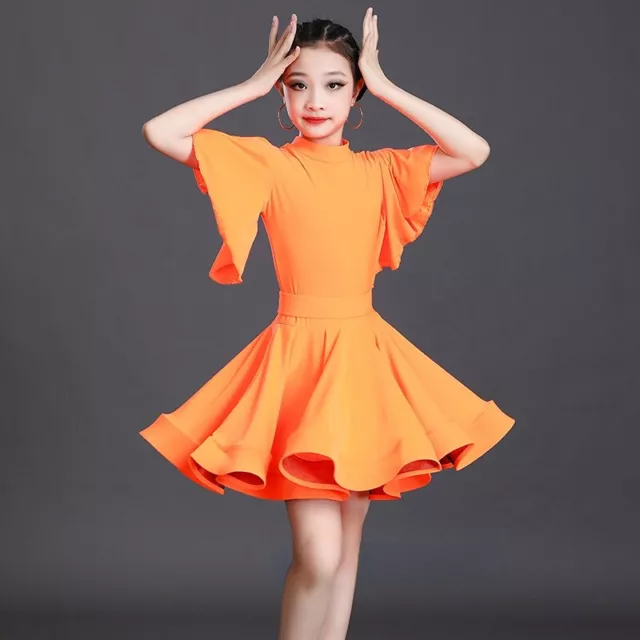 Girls Latin Dance Dress Flare Sleeve Short Rumba Tango Dancewear Ballroom Dress