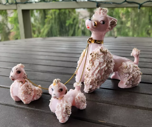 Vintage MCM 1950's PINK Spaghetti Poodle Dog Mother With Puppies - Japan