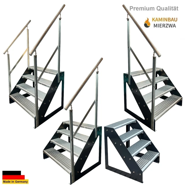 Außen-Treppe Anthrazit Freistehend 4 Stufen & Geländer Verzinkt Breite 60-140cm