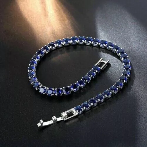 14K White Gold Plated 7.60Ct Round Cut Lab Created Blue Sapphire Tennis Bracelet