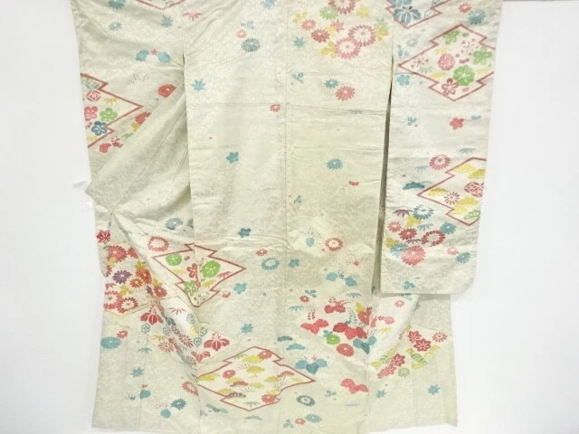 97167# Japanese Kimono / Antique Furisode / Embroidery / Matsukawabishi & Fl