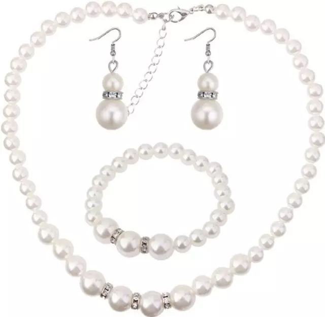 Round White Freshwater Pearl Necklace Earrings Set Womens Crystal Pearl Jewelry