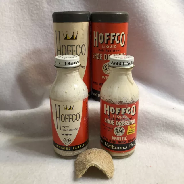 Vintage LOT of Two Hoffco Liquid Shoe Dressing Advertising Tins w Bottles White