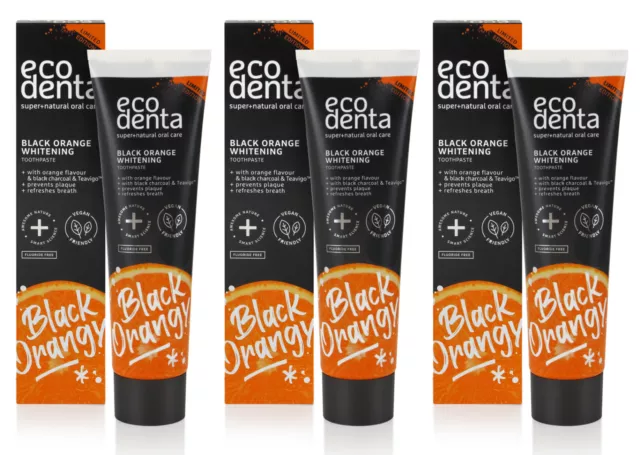 3 ECODENTA BLACK ORANGE Whitening Toothpaste with Charcoal & Teavigo Vegan 100ml