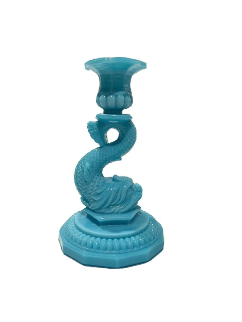Vintage Portieux Vallerysthal (?) Opaline Blue Dolphin Fish Candlestick  