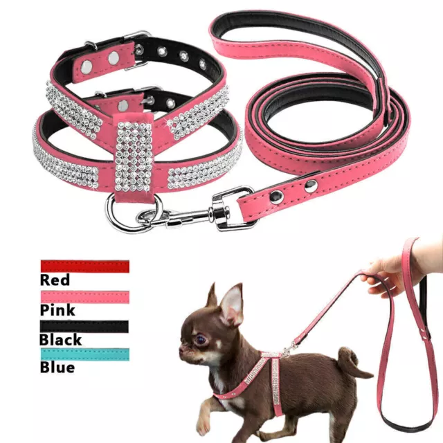 Strass Haustiergeschirre Leine Set Wildleder Kleines Hundegeschirr Laufleinen DE