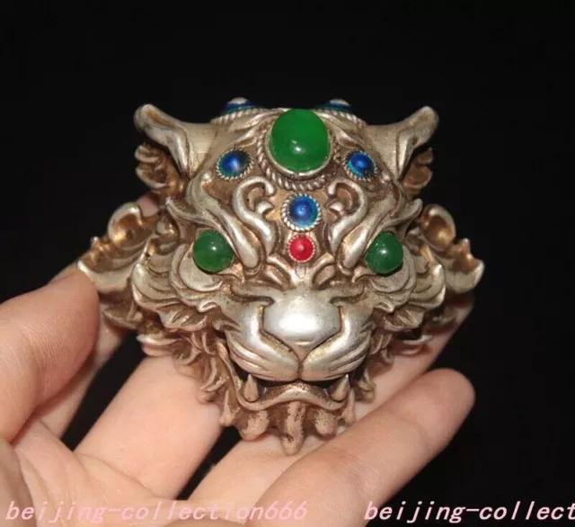 13.6" Chinese Tibetan silver Inlay gem ward off evil Tiger head amulet necklace