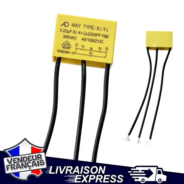 Condensateur X2Y2 0.47µF + 2x2200pF Y2 - 3 Fils à Souder, 300VAC, Neuf, Marque Pirabadi