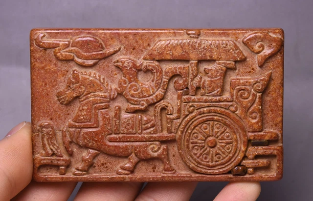 9.2CM Unique China Old Jade Carving Horse Pull Cart People Yu Bi Amulet Statue