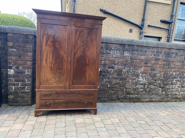 Victorian Mahogany Double Wardrobe Coat Hooks Cupboard Over 2 Drawers