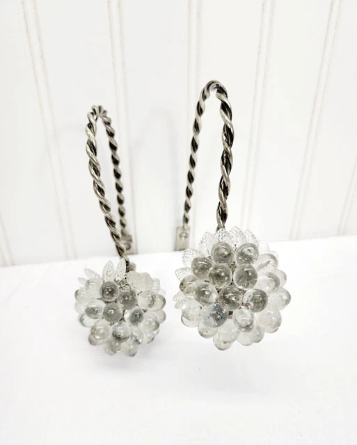 2-Vintage Silver Metal Curtain Holdbacks/ Tie Back Beaded Clear Acrylic Design
