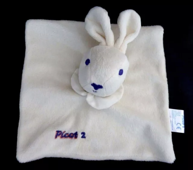 *. Doudou Carre Picot 2 Lapin Tout Blanc Col Blanc Broderie Bleu - Etat Neuf*