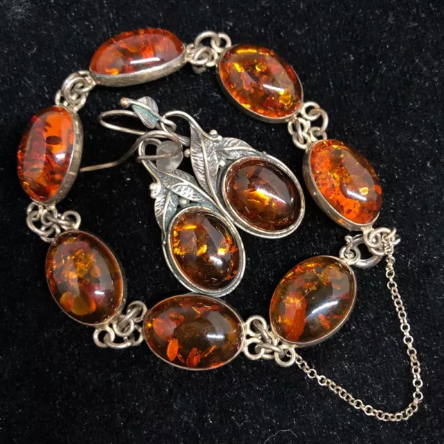 Amber Earrings Bracelet Set 925 Silver 7.36g Fine Jewellery Drop Dangle -CP
