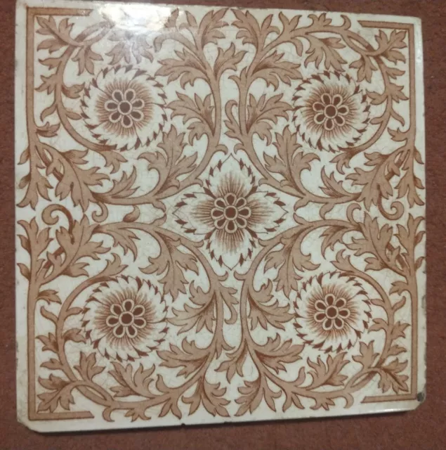 ANTIQUE VICTORIAN MINTONS BROWN/WHITE AESTHETIC DAISIES WALL TILE c1868-1900