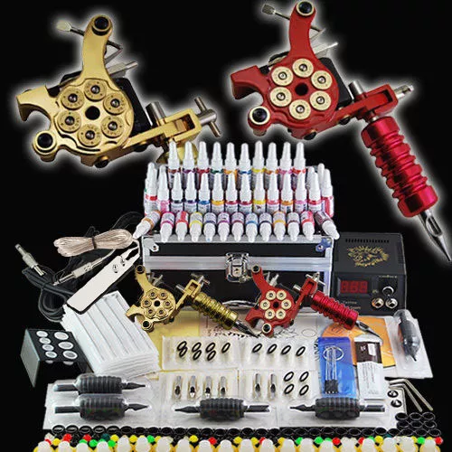 Kit de tatuaje de tatuaje Pro conjunto completo de 2 máquina de tatuaje tintas 50 agujas